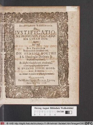 Disputatio Theologica De Iustificatione Hominis Peccatoris Coram Deo