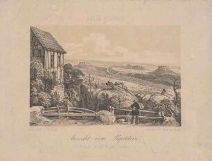 Aussicht vom Papststein in der Sächsischen Schweiz, Blick nach Nordwesten ins Elbtal mit dem Lilienstein und Königstein