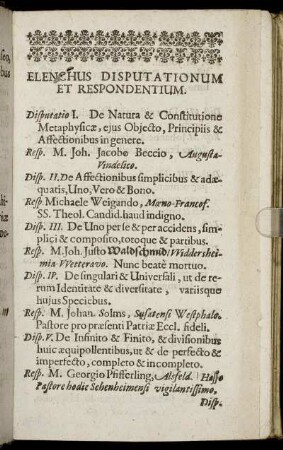 Elenchus Disputationum Et Respondentium.