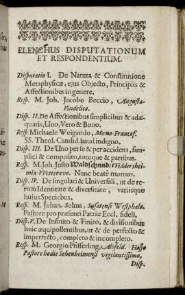 Elenchus Disputationum Et Respondentium.
