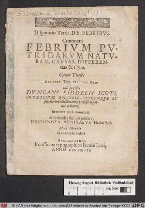 Disputatio Tertia De Febribus : Continens Febrium Putridarum Naturam, Causas, Differentias & signa