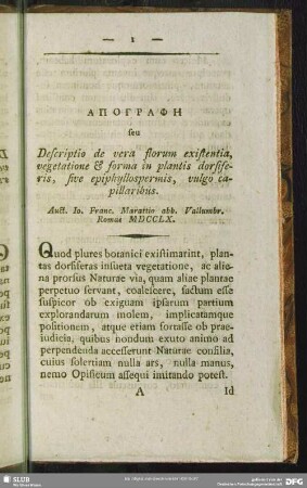 Apographē seu Descriptio de vera florum existentia, vegetatione & forma in plantis dorsiferis, sive epiphyllospermis, vulgo capillaribus