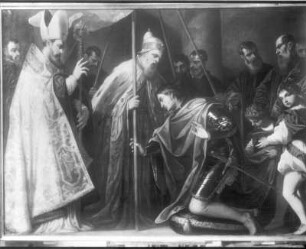 Kniender Ritter vor einem Dogen und einem Bischof mit Gefolge