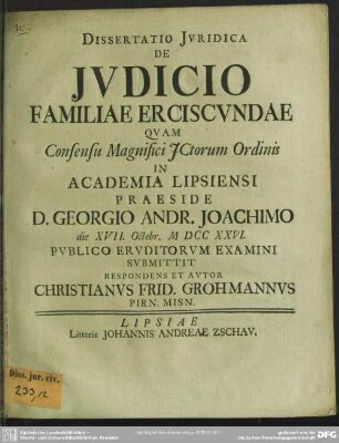 Dissertatio Iuridica De Iudicio Familiae Erciscundae