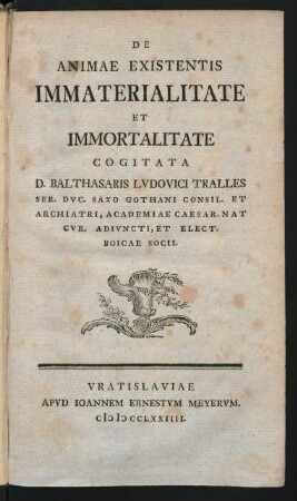 De Animae Existentis Immaterialitate Et Immortalitate