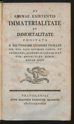 De Animae Existentis Immaterialitate Et Immortalitate