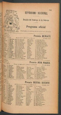 Hipódromo Nacional - Reunión del Domingo 16 de Febrero [de 1908] - Programa oficial
