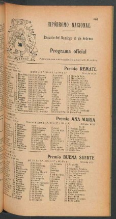 Hipódromo Nacional - Reunión del Domingo 16 de Febrero [de 1908] - Programa oficial