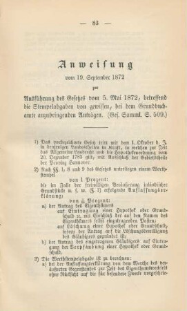 Anweisung vom 19. September 1872 zur Ausführung des Gesetzes vom 5. Mai 1872