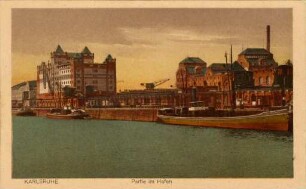 Postkartenalbum mit Motiven von Karlsruhe. "Karlsruhe. Partie im Hafen"