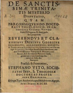 De Sanctissimae Trinitatis Mysterio Dispvtatio