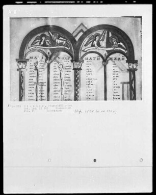 Evangeliar aus Kloster Scheyern — Kanontafel mit drei Evangelistensymbolen, Folio 11recto