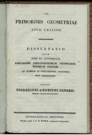 De primordiis geometriae apud Graecos : Dissertatio