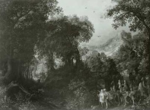 Waldige Berglandschaft mit dem Heimzug des Tobias