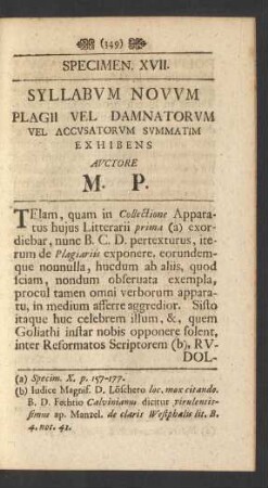 Specimen XVII. Syllabum Novum Plagii Vel Damnatorum Vel Accusatorum Summatim Exhibens Auctore M. P.