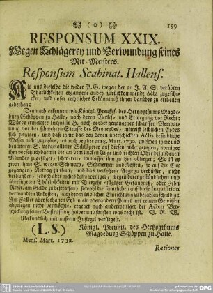 Responsum XXIX. Wegen Schlägerey und Verwundung seines Mit-Meisters