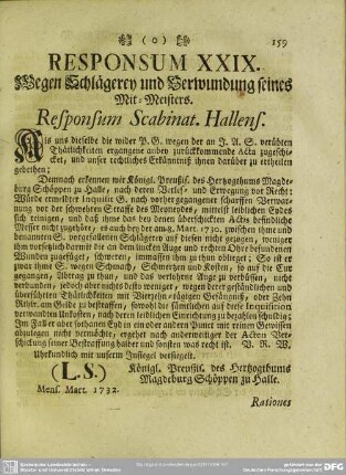 Responsum XXIX. Wegen Schlägerey und Verwundung seines Mit-Meisters