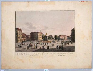 Dresden, der Neustädter Markt nach Norden, Blick in die Hauptstraße mit dem Reiterstandbild August des Starken (Goldener Reiter) und dem Neustädter Rathaus