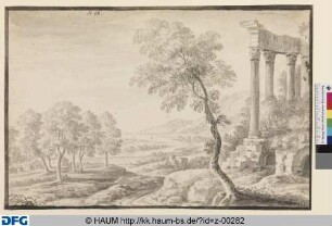 Gebirgslandschaft mit Flusstal und dreisäuliger Tempelruine