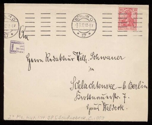 Brief von Carl Schönebeck an Wilhelm Schwaner