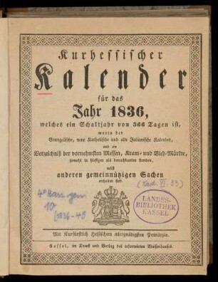 Kurhessischer Kalender 1836