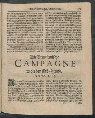 Die Venetianische Campagne wider den Erb-Feind. Anno 1685.