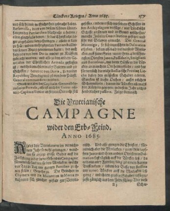 Die Venetianische Campagne wider den Erb-Feind. Anno 1685.