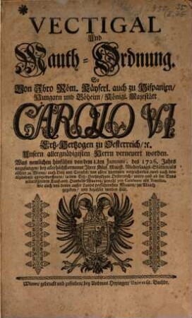 Vectigal- und Mauth-Ordnung so von Ihro Röm. Kays. Maj. Carolo VI. ... verneuert worden