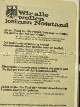 Ganzseitige Zeitungsanzeige zur Rechtfertigung der Notstandsgesetze
