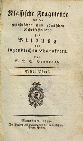 Klassische Fragmente aus den griechischen und römischen Schriftstellern zur Bildung des jugendlichen Charakters, 1