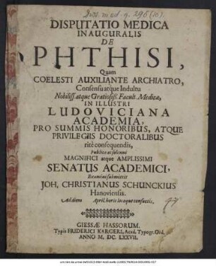 Disputatio Medica Inauguralis De Phthisi