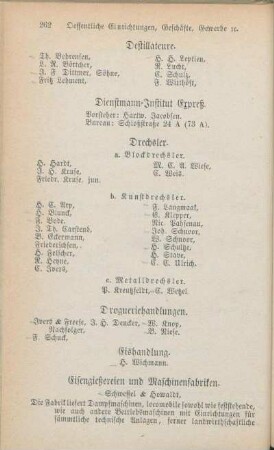 Eishandlung. Eisengießereien und Maschinenfabriken. [Eisen- und Kurzenwaarenhandlungen. Eisen-, Mühlstein- und Steinkohlen-Handlungen. Eisenwaaren-Lager. Essigfabriken.]