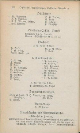 Eishandlung. Eisengießereien und Maschinenfabriken. [Eisen- und Kurzenwaarenhandlungen. Eisen-, Mühlstein- und Steinkohlen-Handlungen. Eisenwaaren-Lager. Essigfabriken.]