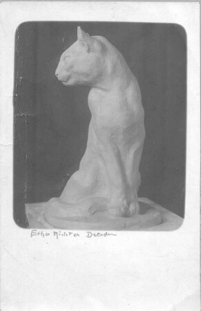 Sitzende Katze. Gips; H. 35 cm (vor 1945; E. Richter). Dresden-Südvorstadt, Eisenstuckstraße, Atelier der Künstlerin