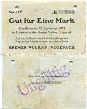 Vegesack, Bremer Vulkan, 1 Mark