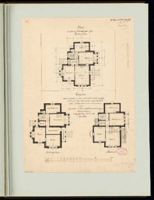Ländliches Wohnhaus, Berlin-Lichterfelde Monatskonkurrenz April 1881: Grundriss Keller, Erdgeschoss, Obergeschoss; Maßstabsleiste, Erläuterungstext