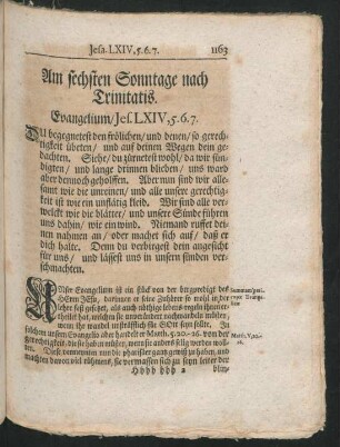 Am sechsten Sonntage nach Trinitatis. Evangelium/Jes. LXIV, 5.6.7