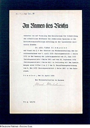 Schreiben des Reichsstatthalters in Sachsen, Martin Mutschmann, an Prof. Victor Klemperer