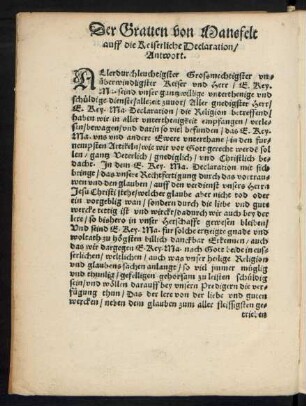 Der Graven von Mansfelt auff die Keiserliche Declaration/ Antwort.