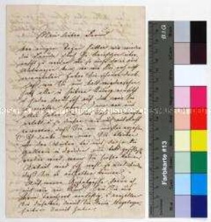 Brief des Malers Friedrich Preller an den Maler Wilhelm Kemlein in Antwerpen betreffend bevorstehendes Wiedersehen in Weimar, Arbeit, Gipsabgüsse, Reisepläne und den Tod von Maria Rietschel, der Ehefrau des Bildhauers Hermann Rietschel in Dresden