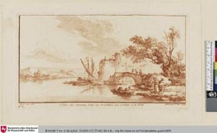 [Landschaft mit Segelboot und steinerner Brücke]