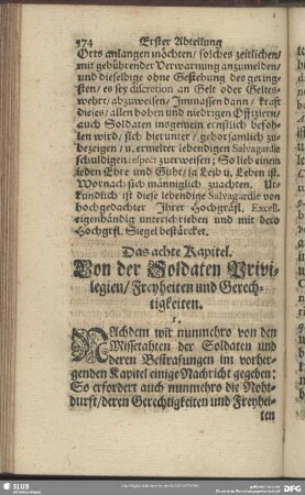 Das achte Kapitel. Von der Soldaten Privilegien, Freyheiten und Gerechtigkeiten