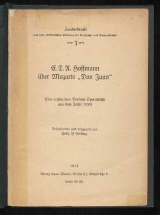 E. T. A. Hoffmann über Mozarts "Don Juan" : eine verschollene Berliner Opernkritik aus dem Jahre 1820