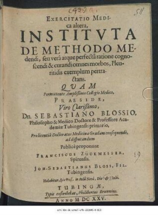 Exercitatio Medica altera, Instituta De Methodo Medendi, seu vera atque perfecta ratione cognoscendi & curandi omnes morbos, Pleuritidis exemplum pertractans