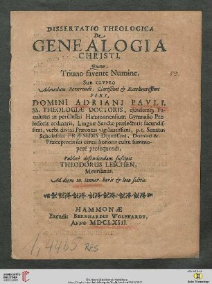Dissertatio Theologica De Genealogia Christi
