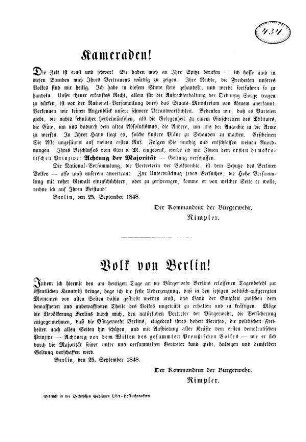 Kameraden! Die Zeit ist ernst und schwer! Volk von Berlin! Indem ich hiermit den am heutigen Tage [...]