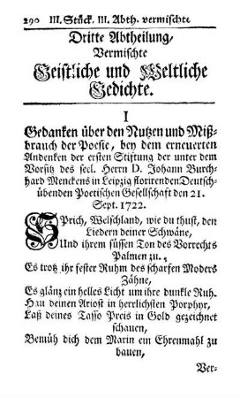 Dritte Abtheilung. Vermischte Geistliche und Weltliche Gedichte.