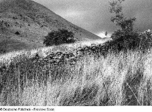 Bergige Landschaft mit Steinmauer