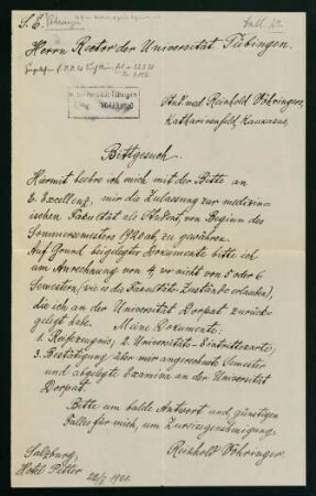 Gesuch um Zulassung zum Studium ab dem Sommersemester 1920
