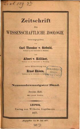 Zeitschrift für wissenschaftliche Zoologie. 29,[2] = Tafeln. 1877